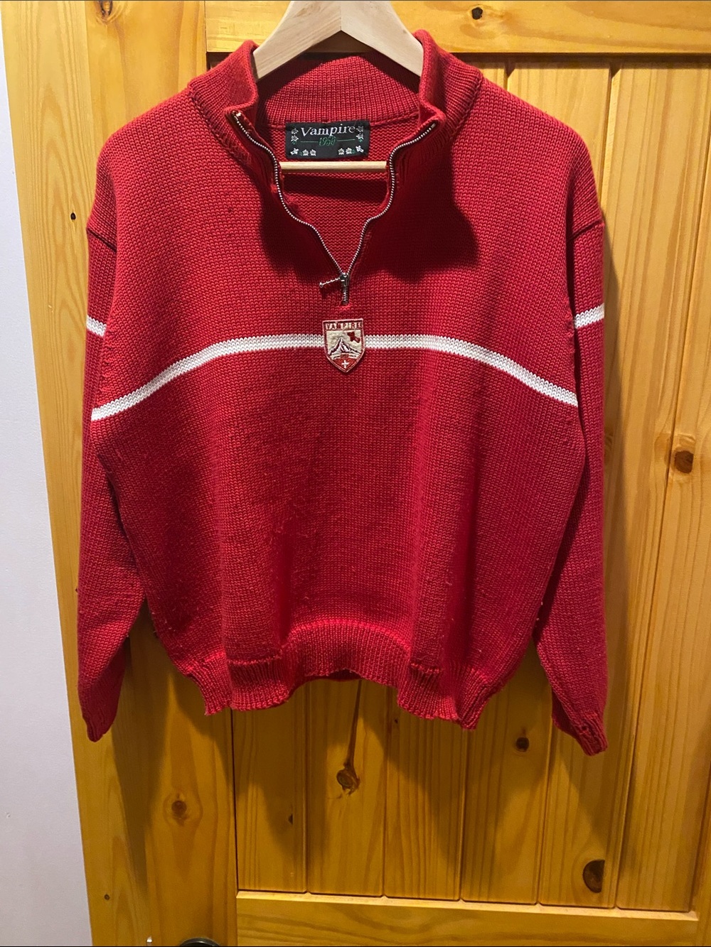 Red Half-Zip Sweater with White Stripe